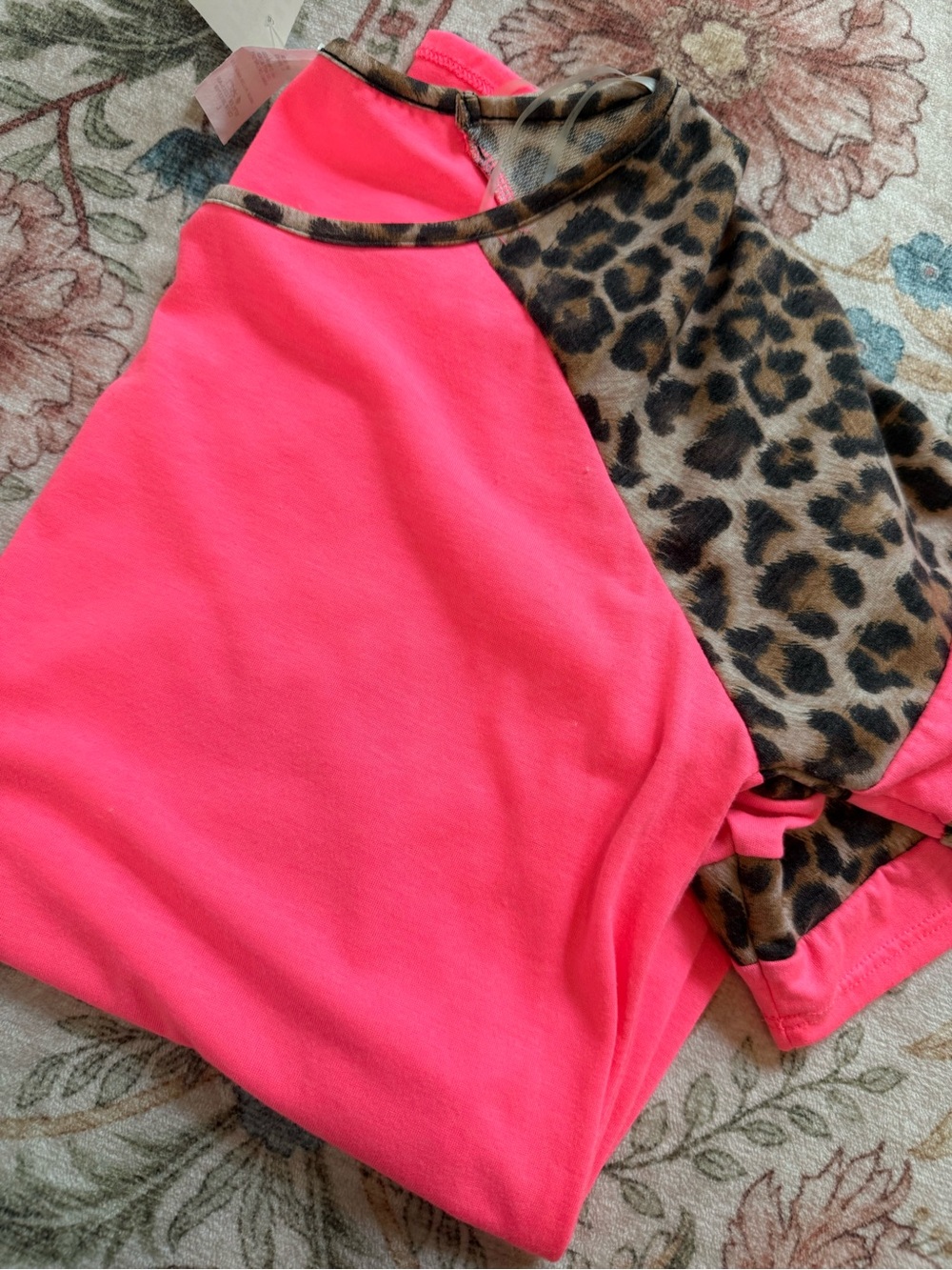 Hot Pink Tee with Leopard Raglan Sleeves - Picture 6 of 6